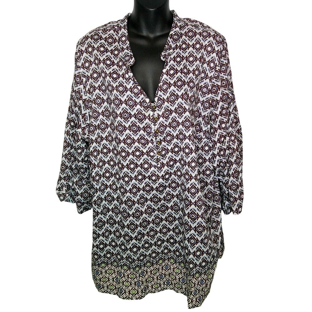 Liz & Co Woman 3X V-Neck Tunic Blouse Brown/Blue 3/4 Sleeve
